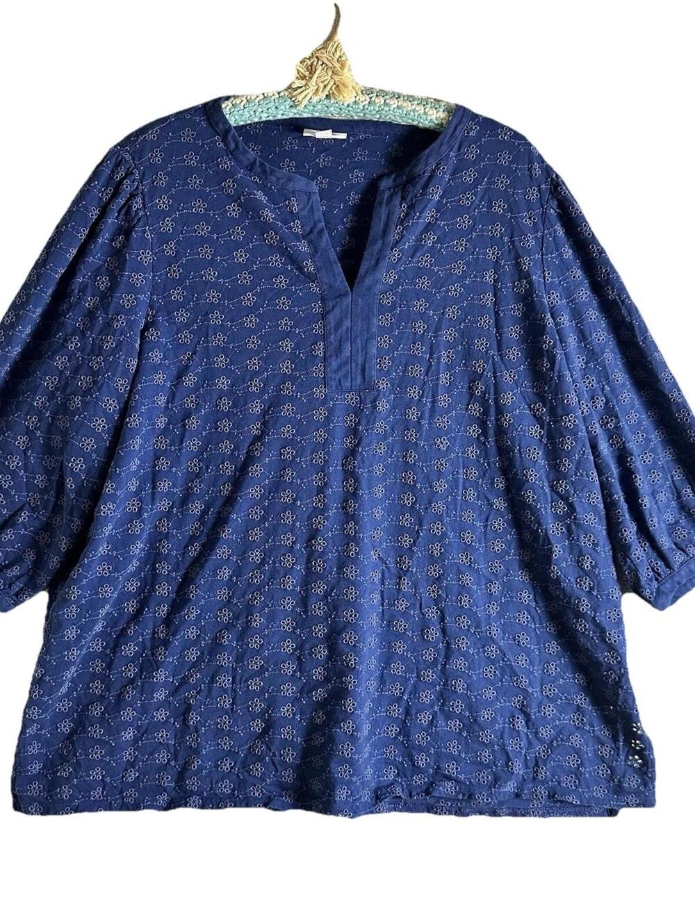J. JILL Cotton Pullover 3/4 Sleeve Blouse Navy Blue Eyelet Lace V Neck Sz XL